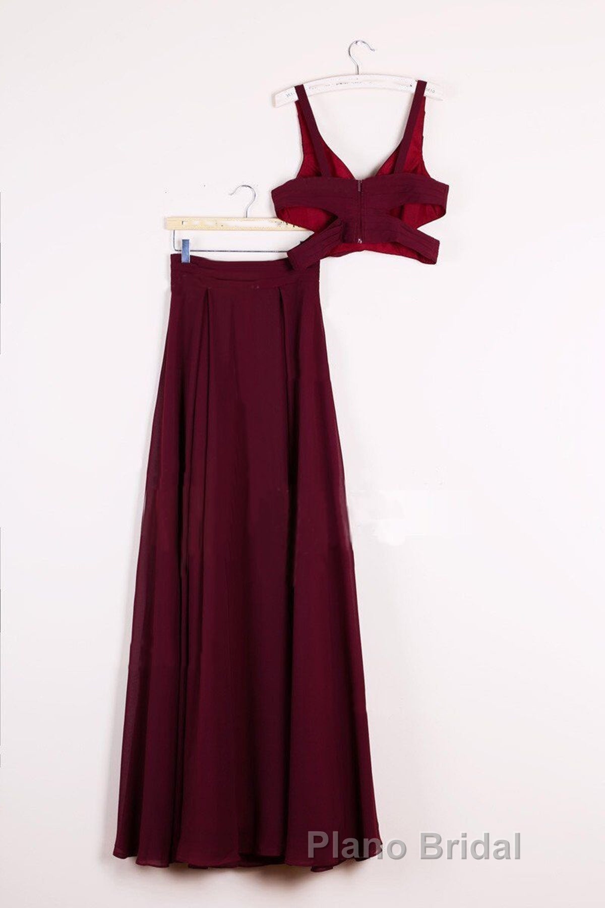 Two Pieces Burgundy Long Formal Prom Dresses, Dark Wine Red 2 Pieces Long Formal Bridesmaid Dresses