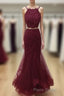 Two Pieces Halter Neck Mermaid Tulle Maroon Formal Prom with Beadings, Maroon Formal, Evening