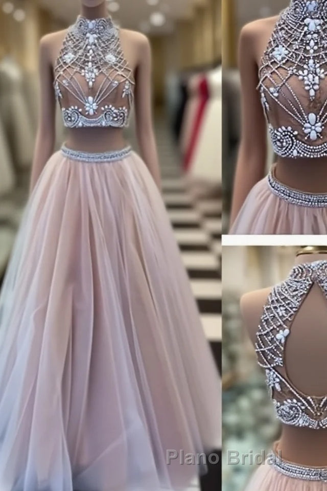 Two Pieces High-Neck Beaded Tulle Long  Champagne Formal Prom Dresses, Evening Dresses Main image