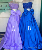 Two Pieces Long Prom Dress with Beaded Top and Bow