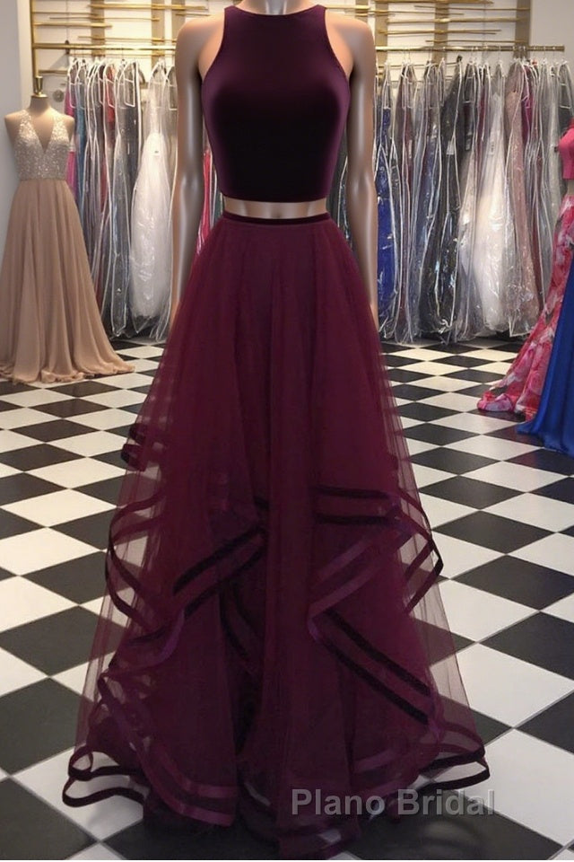 Two Pieces Maroon Long Formal Prom Dress, Dark Burgundy 2 Pieces Formal Evening Dresses Main image