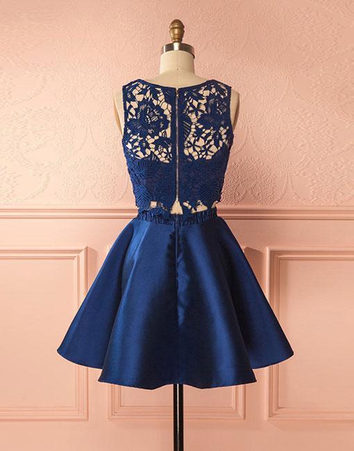 Two Pieces Navy Blue Lace Top Satin A Line Short Homecoming Dresses Secondary image
