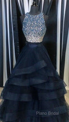 Two Pieces Navy Formal Prom Dresses Halter Neckline, Formal Dresses, Graduation School Party Dance Dresses