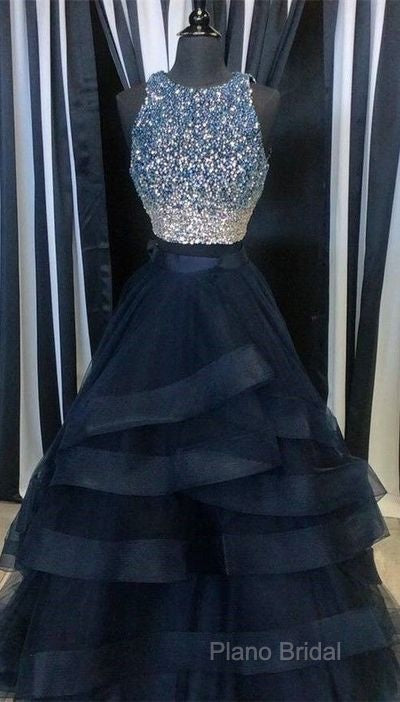 Two Pieces Navy Formal Prom Dresses Halter Neckline, Formal Dresses, Graduation School Party Dance Dresses