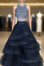 Two Pieces Navy Formal Prom Dresses Halter Neckline, Formal Dresses, Graduation School Party Dance Dresses