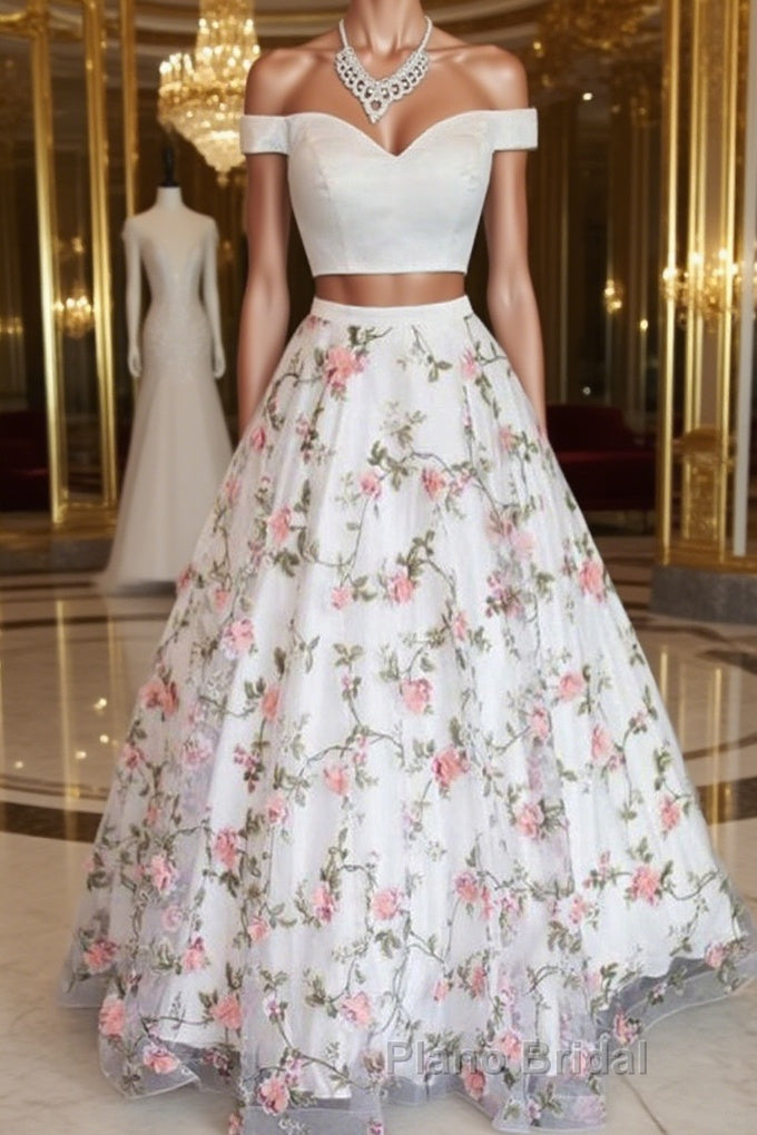 Two Pieces Off The Shoulder Lace Floral White Formal Prom Dresses, Off Shoulder White Formal Dresses, Two Pieces White Evening Dresses