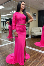 Two Pieces One Shoulder Mermaid Prom Dress with Slit