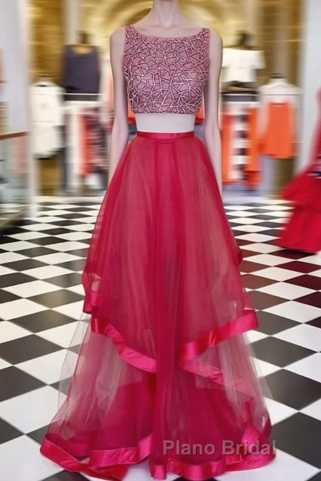 Two Pieces Sequin Round Neck Tulle Long Red Formal Prom Dresses, Red Evening Dresses Main image