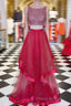 Two Pieces Sequin Round Neck Tulle Long Red Formal Prom Dresses, Red Evening Dresses