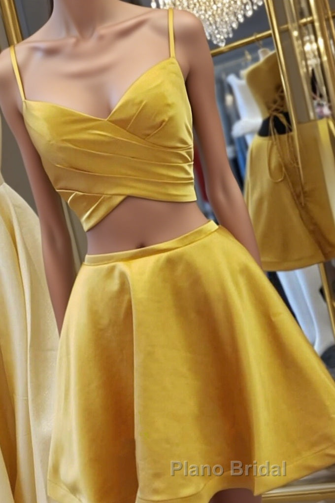 Two Pieces Short Yellow Formal Prom Dresses, Short Yellow 2 Pieces Formal Homecoming Dresses