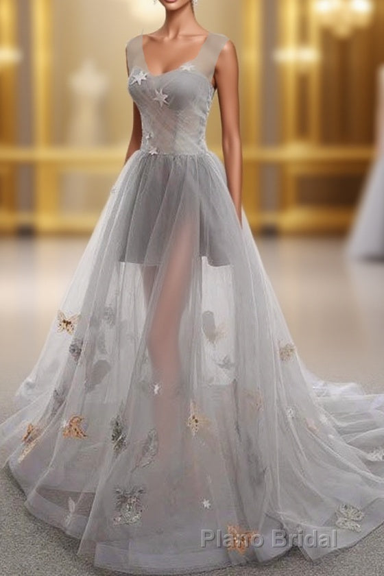 Gray Long Formal Prom Dresses with Butterfly, New Arrival Unique Evening Dresses Main image