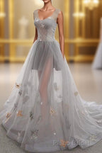 Gray Long Formal Prom Dresses with Butterfly, New Arrival Unique Evening Dresses