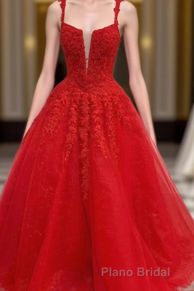 Red Tulle Lace A Line Formal Evening Dresses Appliques Long Formal Prom Dresses Main image