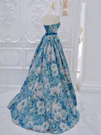 Unique A-Line Flower Satin Blue Long Formal Prom Dresses, Blue Long Formal Dresses