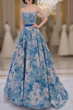 Unique A-Line Flower Satin Blue Long Formal Prom Dresses, Blue Long Formal Dresses