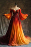 Unique A Line Long Sleeve Orange Ombre Chiffon Formal Prom Dresses Formal Evening Dresses
