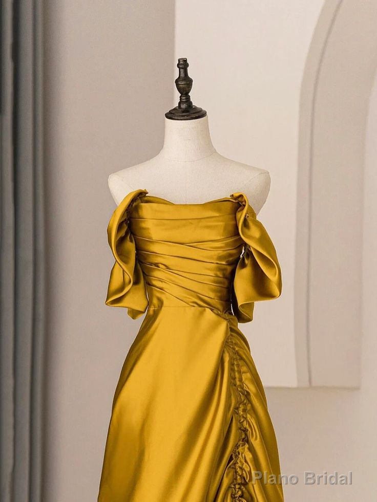 Unique A-Line Satin Long Prom Dress Off The Shoulder Pleated Evening Dress Secondary image
