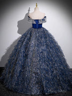 Unique A-Line Shiny Sequin Blue Long Prom Gown, Blue Long Evening Dress