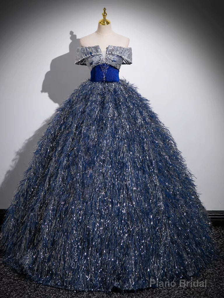 Unique A-Line Shiny Sequin Blue Long Prom Gown, Blue Long Evening Dress