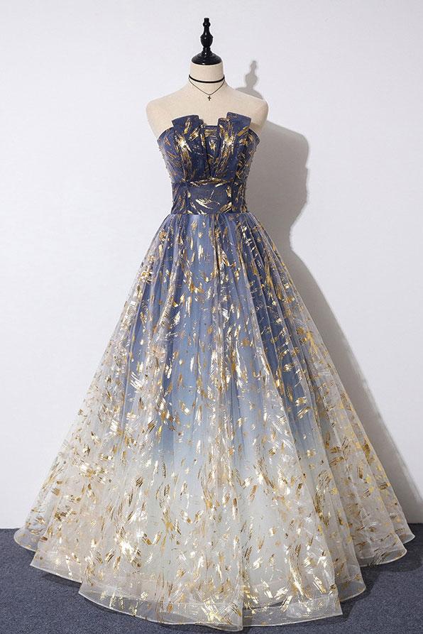 Unique A Line Strapless Ombre Long Formal Prom Dresses Stunning Party Dresses