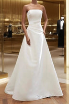Unique A Line Strapless Satin White Wedding Dresses Brides Dresses