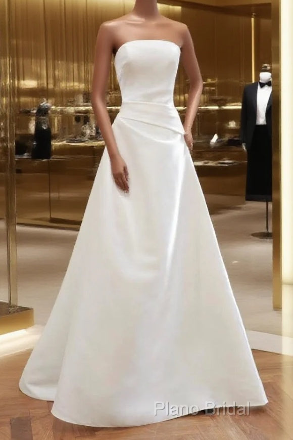 Unique A Line Strapless Satin White Wedding Dresses Brides Dresses Main image