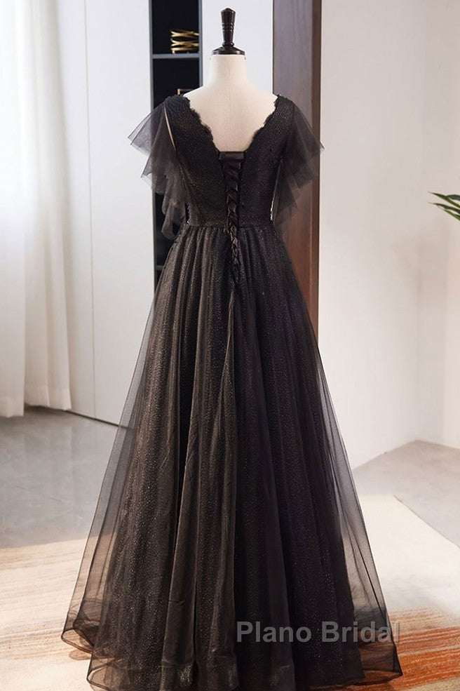 Unique And Beautiful Black Beaded Short Sleeved Sequin Ball Dresses With Black A-Shaped Princess V-Neck Backless Chiffon And Floor Length Evening Dresses