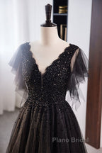 Unique And Beautiful Black Beaded Short Sleeved Sequin Ball Dresses With Black A-Shaped Princess V-Neck Backless Chiffon And Floor Length Evening Dresses