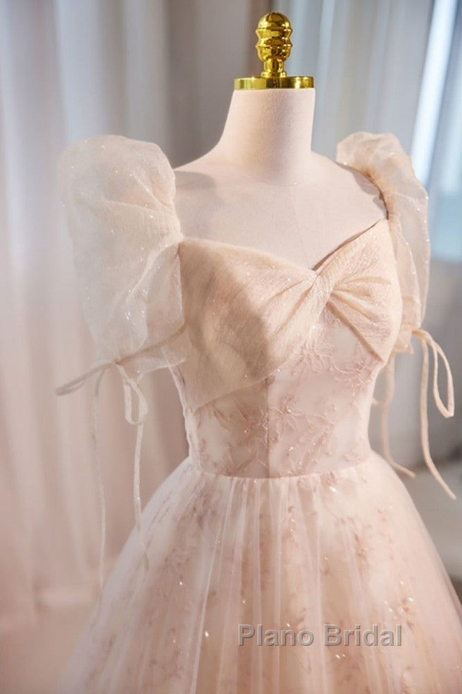 Unique And Beautiful Champagne Sequin Square Neck Fluffy Short Sleeved Ball Dresses Champagne A-Shaped Princess Backless Strap And Floor Length Evening Dresses Secondary image