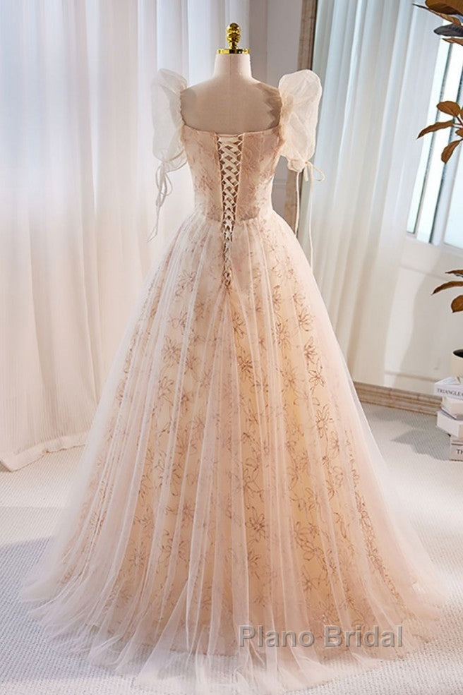 Unique And Beautiful Champagne Sequin Square Neck Fluffy Short Sleeved Ball Dresses Champagne A-Shaped Princess Backless Strap And Floor Length Evening Dresses