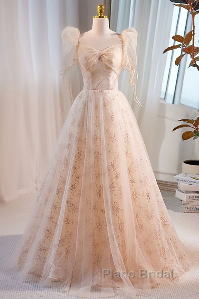 Unique And Beautiful Champagne Sequin Square Neck Fluffy Short Sleeved Ball Dresses Champagne A-Shaped Princess Backless Strap And Floor Length Evening Dresses