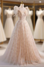 Unique And Beautiful Champagne Sequin Square Neck Fluffy Short Sleeved Ball Dresses Champagne A-Shaped Princess Backless Strap And Floor Length Evening Dresses