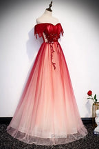 Unique And Beautiful Gradient Red Off Shoulder Short Sleeved Beaded Evening Dresses Gradient Red A-Line Princess Strapless Backless Strap And Ground Length Evening Dresses