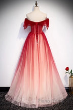 Unique And Beautiful Gradient Red Off Shoulder Short Sleeved Beaded Evening Dresses Gradient Red A-Line Princess Strapless Backless Strap And Ground Length Evening Dresses