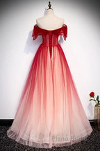 Unique And Beautiful Gradient Red Off Shoulder Short Sleeved Beaded Evening Dresses Gradient Red A-Line Princess Strapless Backless Strap And Ground Length Evening Dresses