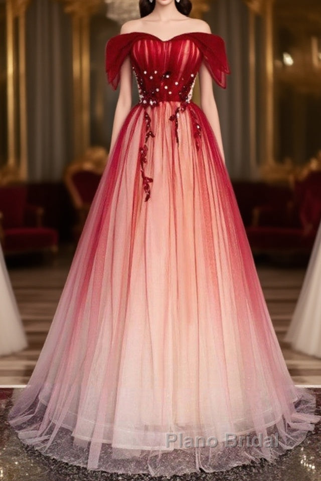 Unique And Beautiful Gradient Red Off Shoulder Short Sleeved Beaded Evening Dresses Gradient Red A-Line Princess Strapless Backless Strap And Ground Length Evening Dresses Main image