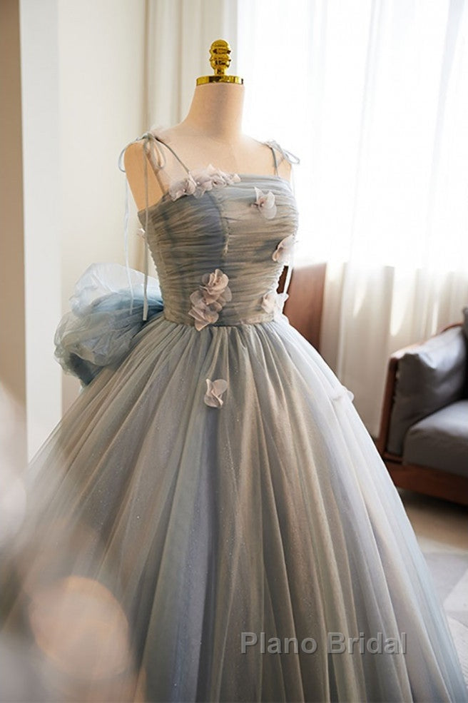 Unique And Beautiful Gray Sticker Sleeveless Off The Shoulder Ball Dresses, Gray A-Line Princess Sheer Thin Shoulder Strap, Backless Tie Bow And Ground Length Formal Prom Dresses