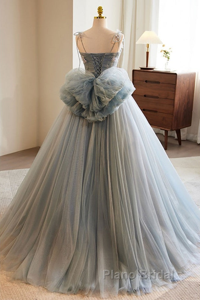 Unique And Beautiful Gray Sticker Sleeveless Off The Shoulder Ball Dresses, Gray A-Line Princess Sheer Thin Shoulder Strap, Backless Tie Bow And Ground Length Formal Prom Dresses