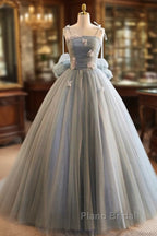 Unique And Beautiful Gray Sticker Sleeveless Off The Shoulder Ball Dresses, Gray A-Line Princess Sheer Thin Shoulder Strap, Backless Tie Bow And Ground Length Formal Prom Dresses