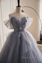 Unique And Beautiful Silver Gray Beaded Pearl Sequins Off The Shoulder Sleeveless Decal Pleated Ball Dresses Silver Gray A-Shaped Thin Gauze Pong Truffle Back Strap And Ground Length Formal Prom Dresses