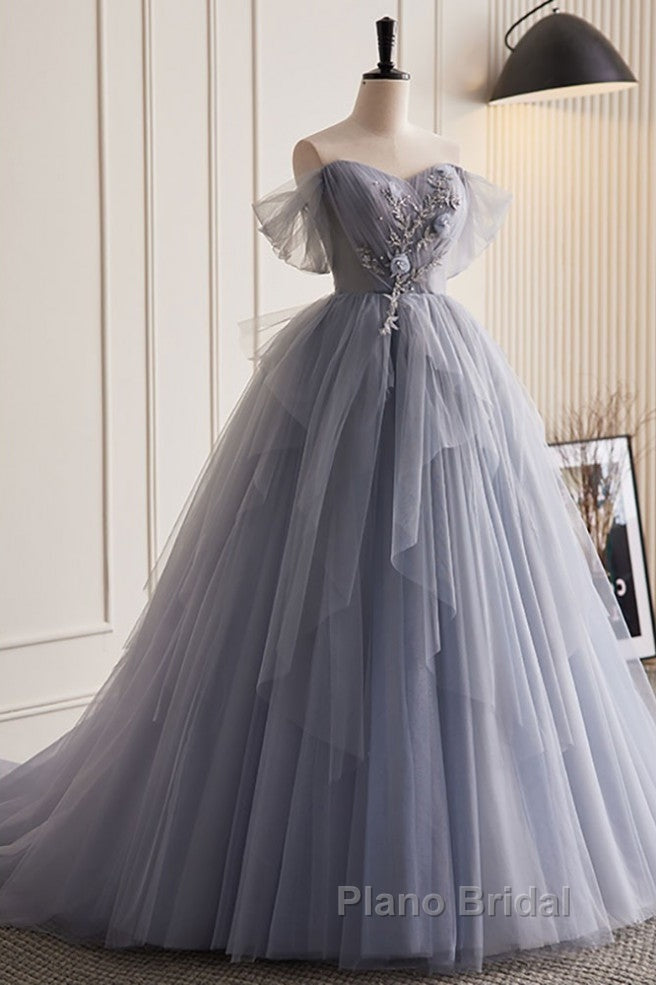 Unique And Beautiful Silver Gray Beaded Pearl Sequins Off The Shoulder Sleeveless Decal Pleated Ball Dresses Silver Gray A-Shaped Thin Gauze Pong Truffle Back Strap And Ground Length Formal Prom Dresses Secondary image