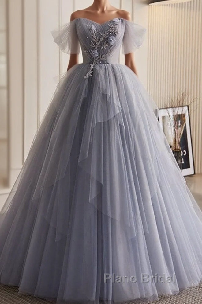 Unique And Beautiful Silver Gray Beaded Pearl Sequins Off The Shoulder Sleeveless Decal Pleated Ball Dresses Silver Gray A-Shaped Thin Gauze Pong Truffle Back Strap And Ground Length Formal Prom Dresses Main image