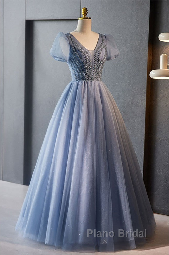 Unique And Beautiful Sky Blue Beaded Rhinestone Fluffy Short Sleeved Ball Dresses With Sky Blue A-Shaped Princess V-Neck Backless Strap And Ground Length Evening Dresses Secondary image