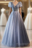 Unique And Beautiful Sky Blue Beaded Rhinestone Fluffy Short Sleeved Ball Dresses With Sky Blue A-Shaped Princess V-Neck Backless Strap And Ground Length Evening Dresses