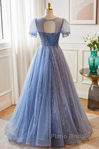 Unique And Beautiful Sky Blue Low Round Neck Short Sleeved Beaded Sequin Ball Dresses With Sky Blue A-Line/Princess Backless Strap And Ground Length Evening Dresses