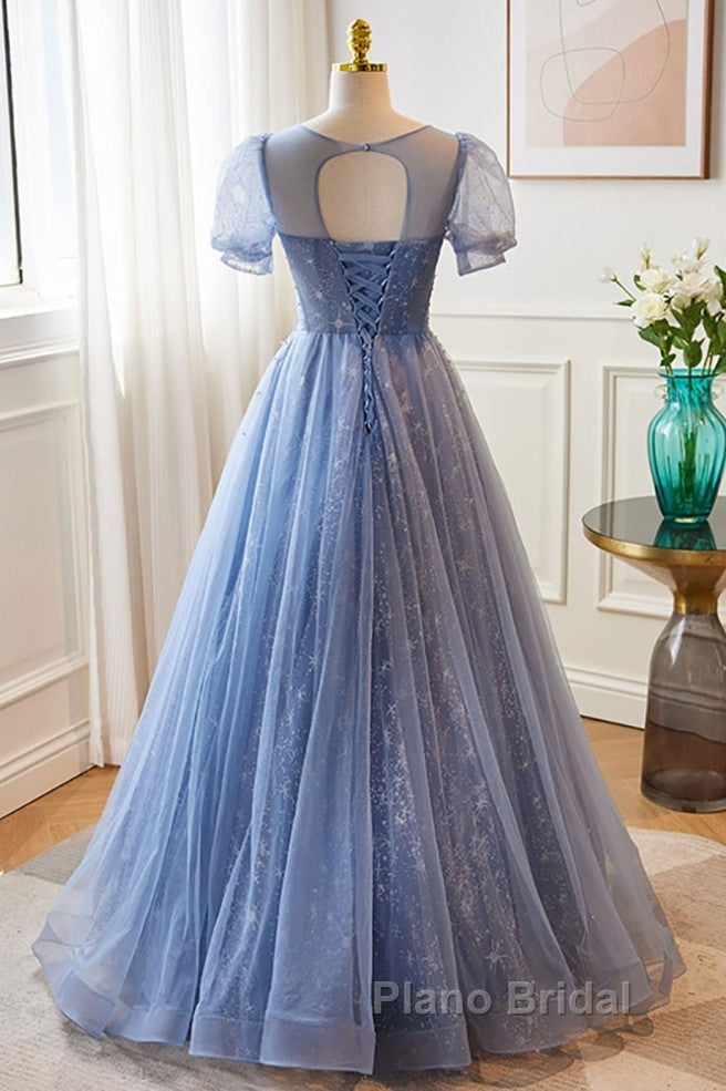 Unique And Beautiful Sky Blue Low Round Neck Short Sleeved Beaded Sequin Ball Dresses With Sky Blue A-Line/Princess Backless Strap And Ground Length Evening Dresses