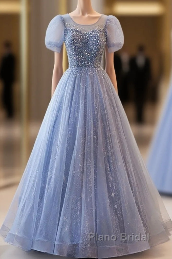 Unique And Beautiful Sky Blue Low Round Neck Short Sleeved Beaded Sequin Ball Dresses With Sky Blue A-Line/Princess Backless Strap And Ground Length Evening Dresses Main image