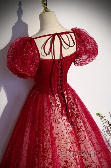 Unique And Beautiful Wine Red Sequin Square Neckline Short Sleeved Ball Dresses Wine Red A-Shaped/Princess Fluffy Backless Tie Bow And Floor Length Evening Dresses