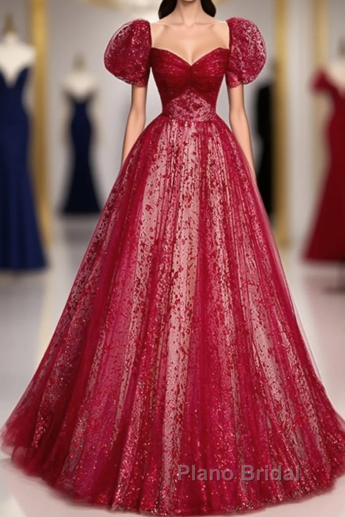 Unique And Beautiful Wine Red Sequin Square Neckline Short Sleeved Ball Dresses Wine Red A-Shaped/Princess Fluffy Backless Tie Bow And Floor Length Evening Dresses Main image