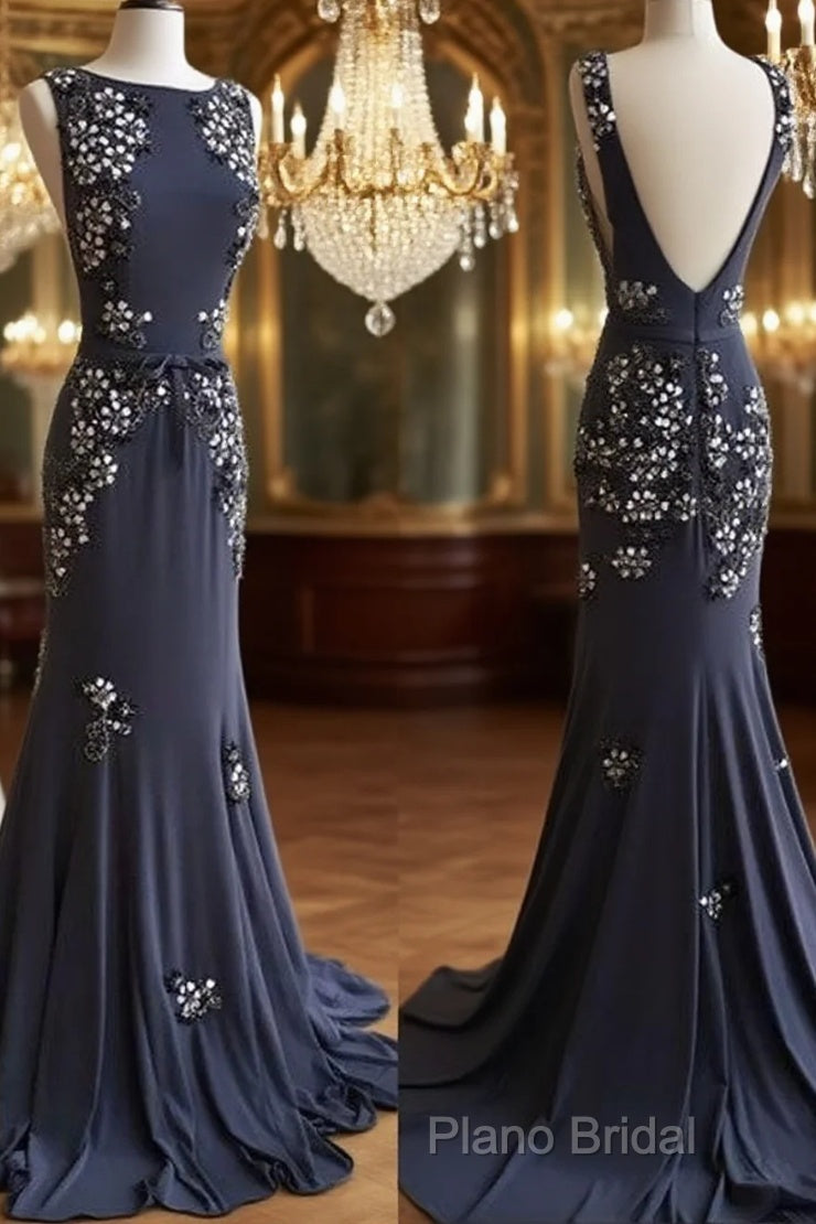 Unique Applique Chiffon Long Formal Prom Dresses, Backless Formal Dresses Main image
